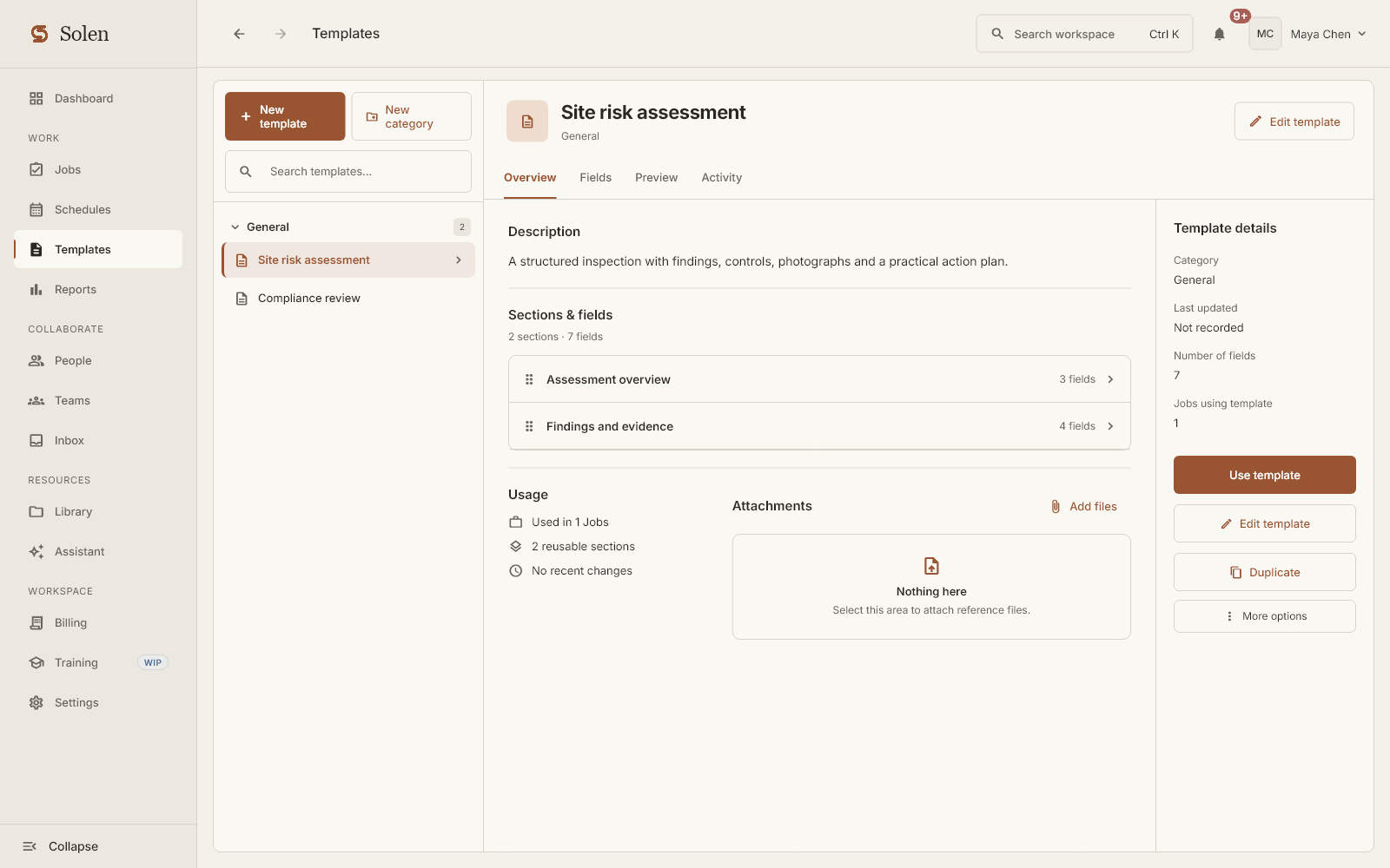 Demonstration site risk assessment template with assessment overview and findings and evidence sections.